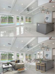 Commercial Real Estate aerial photo Stunning photography showcasing the beauty of a modern kitchen and living room, ideal for real estate listings.